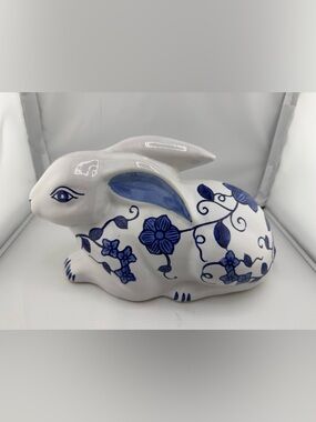 Hand-Painted Blue Floral Ceramic Rabbit Statue
